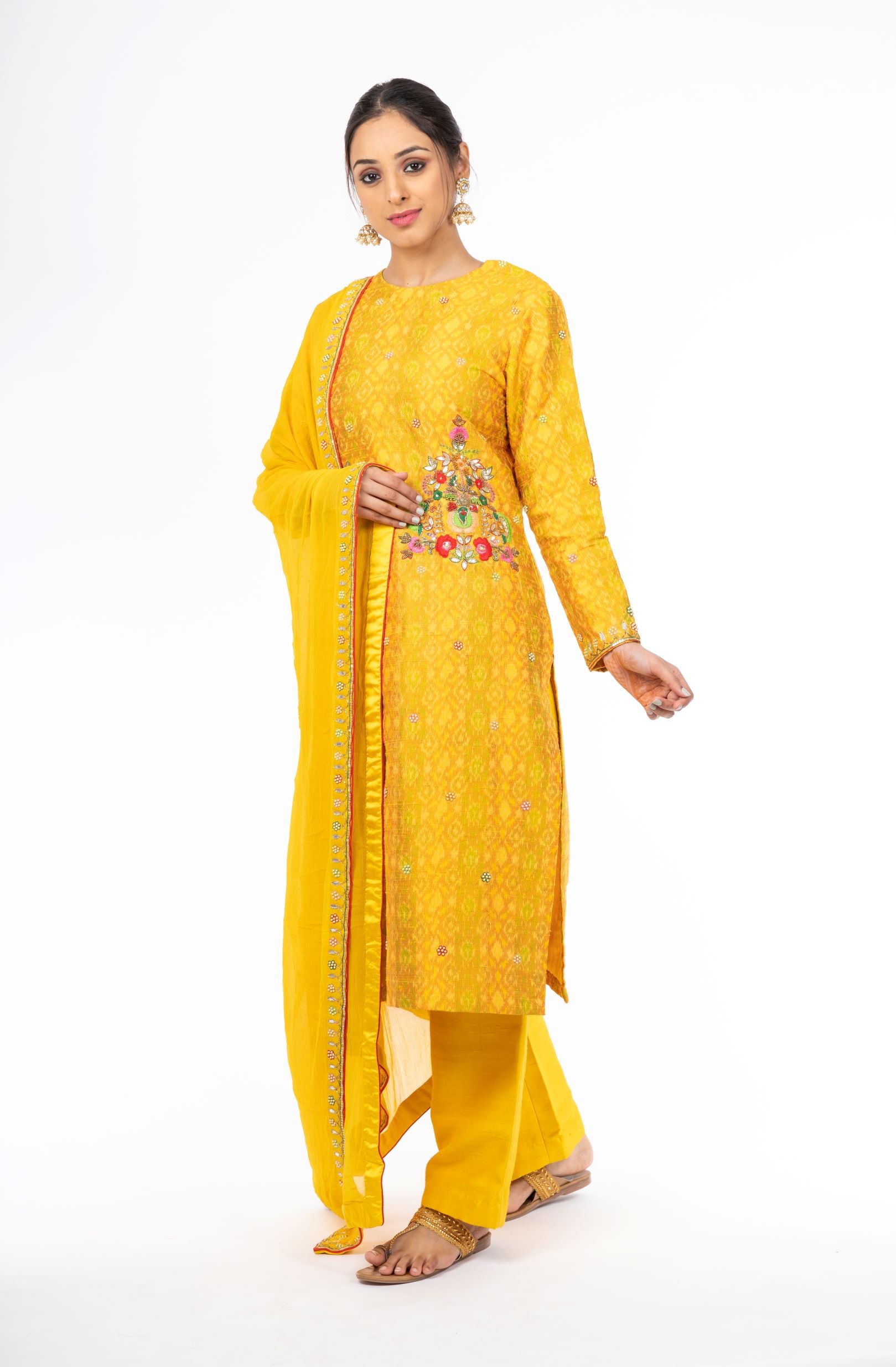 Elegant Yellow Color Raw Silk Ikkat Salwar Kameez with Chinon Dupatta