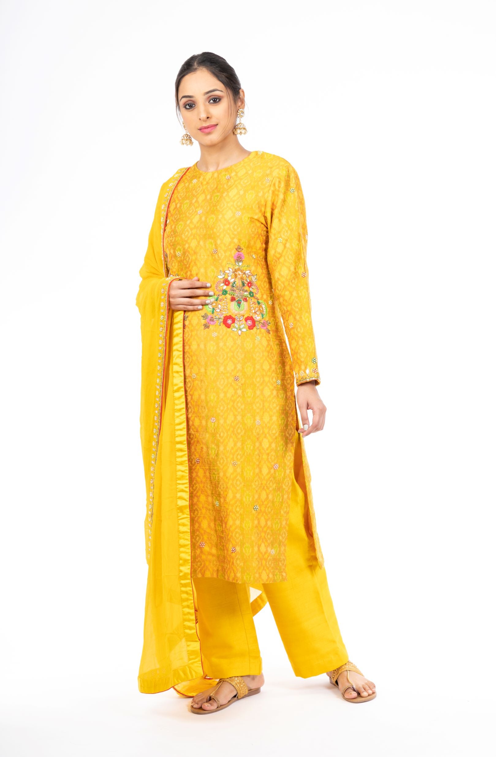 Elegant Yellow Color Raw Silk Ikkat Salwar Kameez with Chinon Dupatta