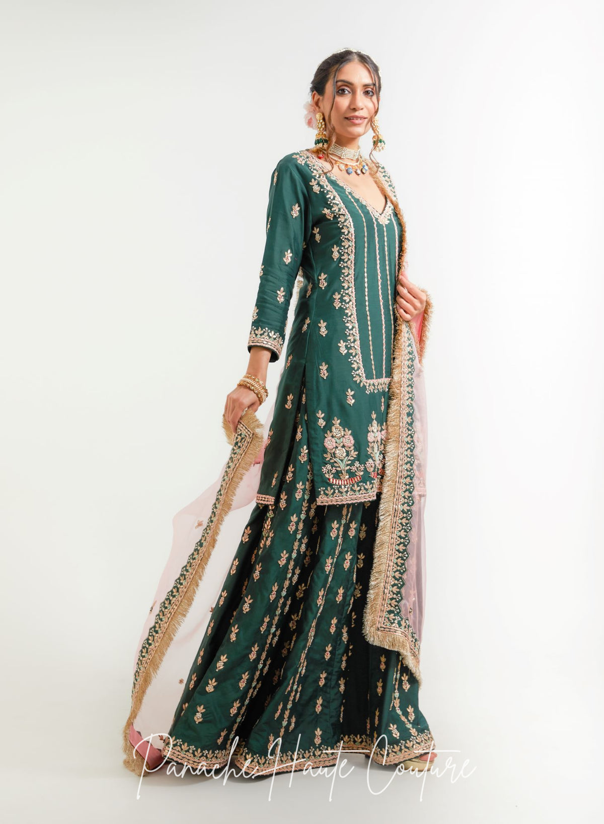 Emerald Green Chanderi & Organza Sharara Set with Zardozi, Gotta Dori Embroidery – Daima