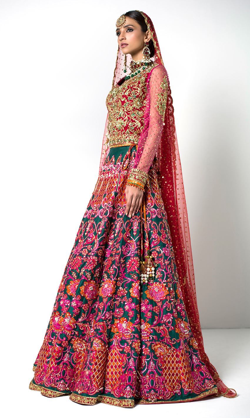 Emerald Green Wedding Lehenga Choli with Pink and Orange Embroidery