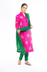 Engrossing Pink and Green Handloom Ikkat Raw Silk Salwar Kameez