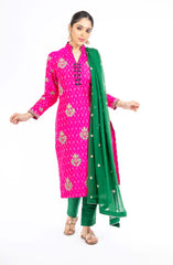 Engrossing Pink and Green Handloom Ikkat Raw Silk Salwar Kameez