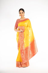 Engrossing Yellow and Red Color Handloom Banarasi Silk Saree
