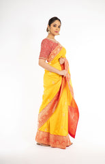 Engrossing Yellow and Red Color Handloom Banarasi Silk Saree