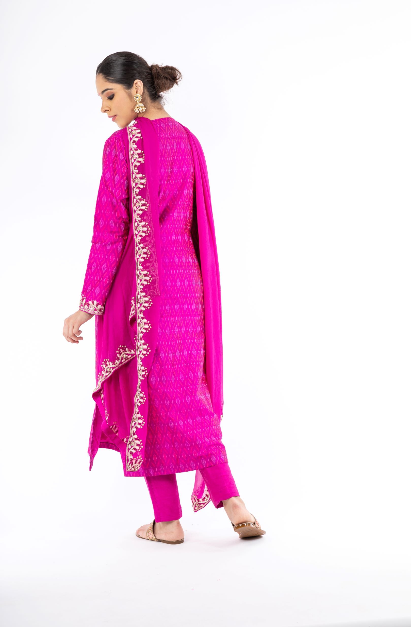 Extra-ordinary Magenta Color Handloom Ikkat and Raw Silk Salwar Kameez