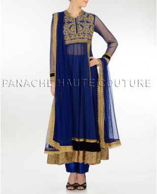 Charming blue net anarkali suit with trousers