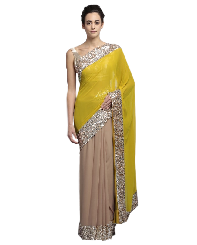 Fawn and yellow color party wear saree at Panache Haute Couture
