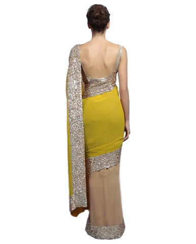 Fawn and yellow color party wear saree at Panache Haute Couture