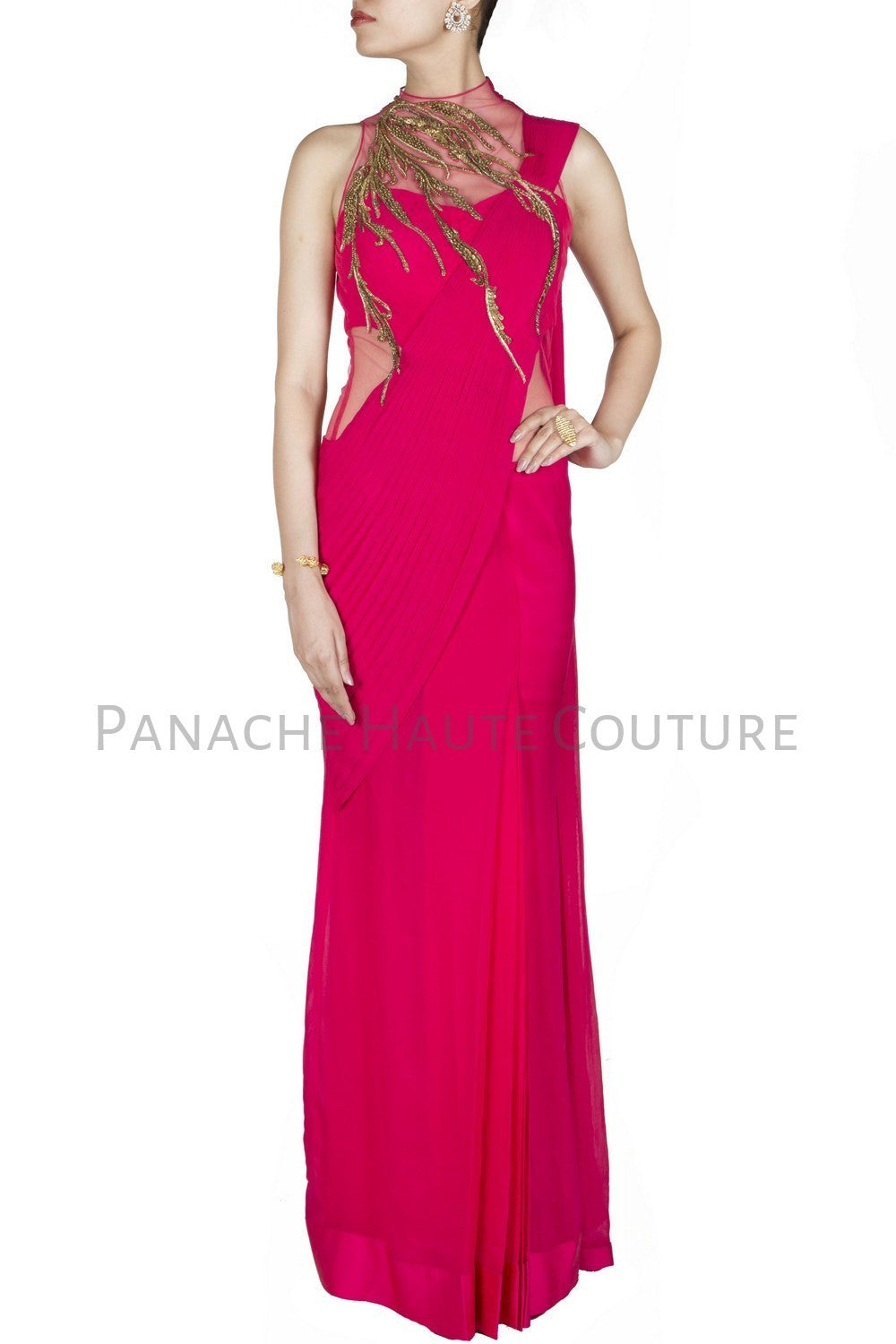 Fuschia Pink Designer Saree Gown by Panache Haute Couture