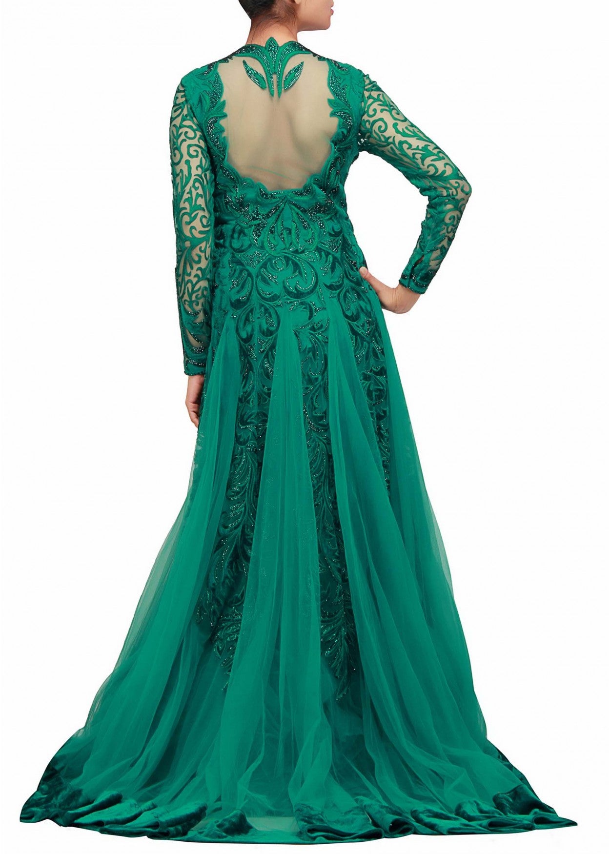 Teal Green Gown with applique work