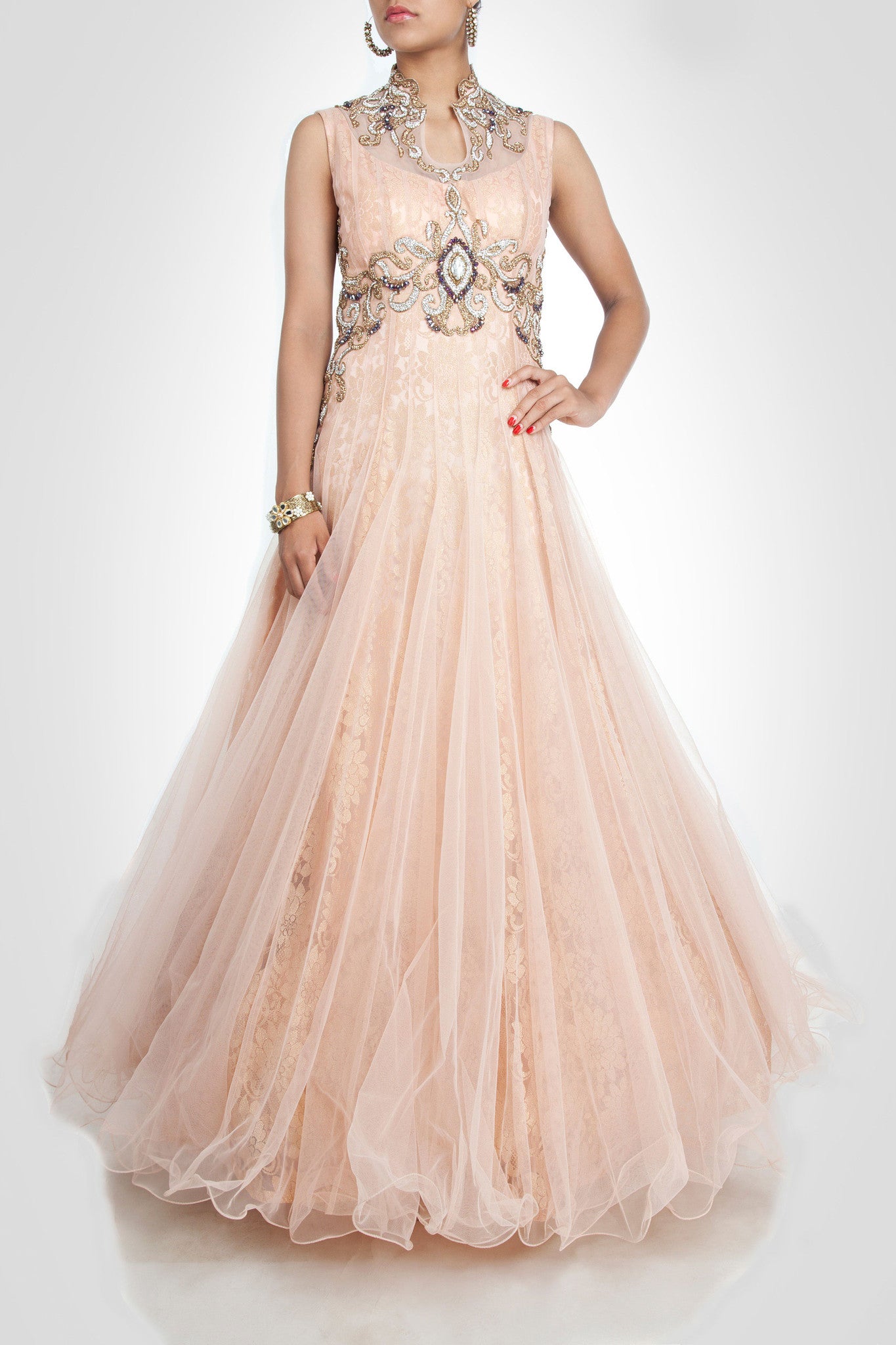 Peach color high-neck gown