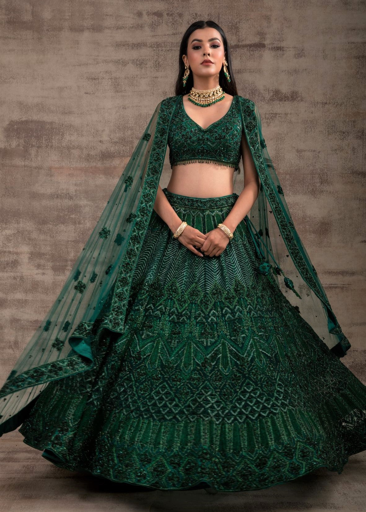 Gulnar Green Monotone Wedding Lehenga