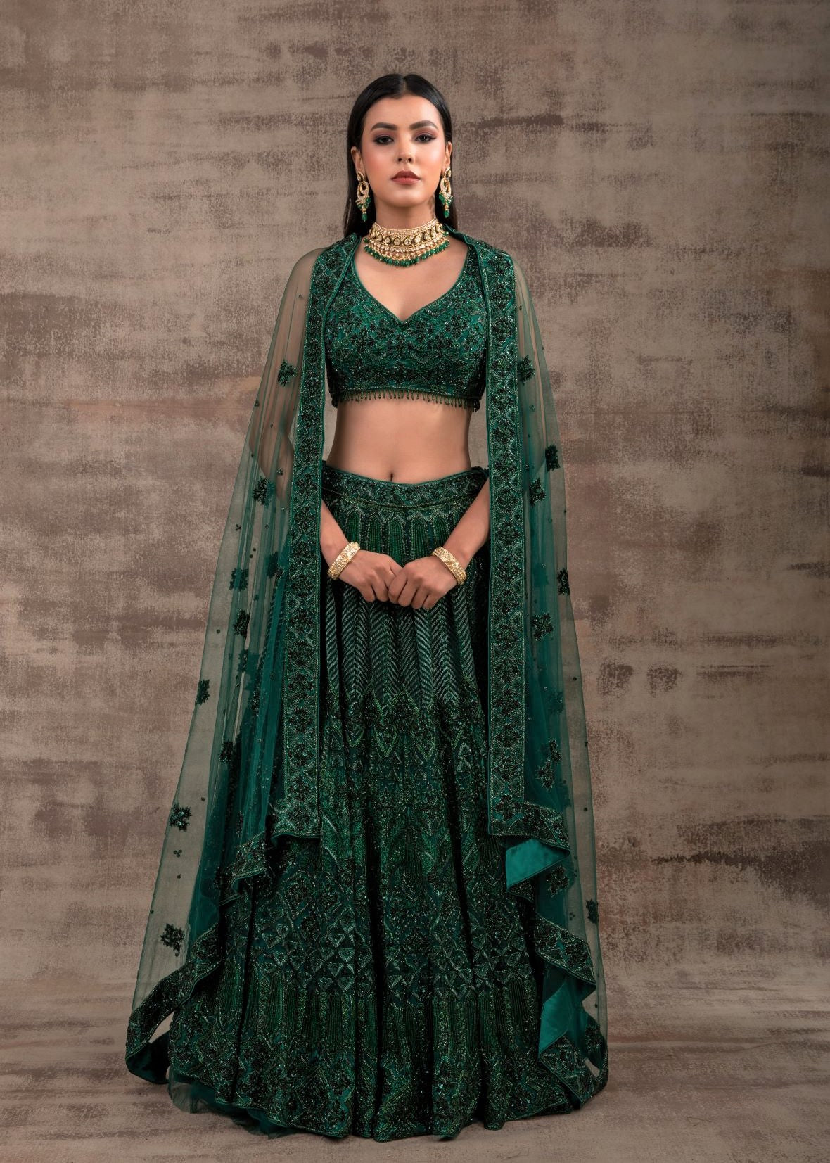Gulnar Green Monotone Wedding Lehenga