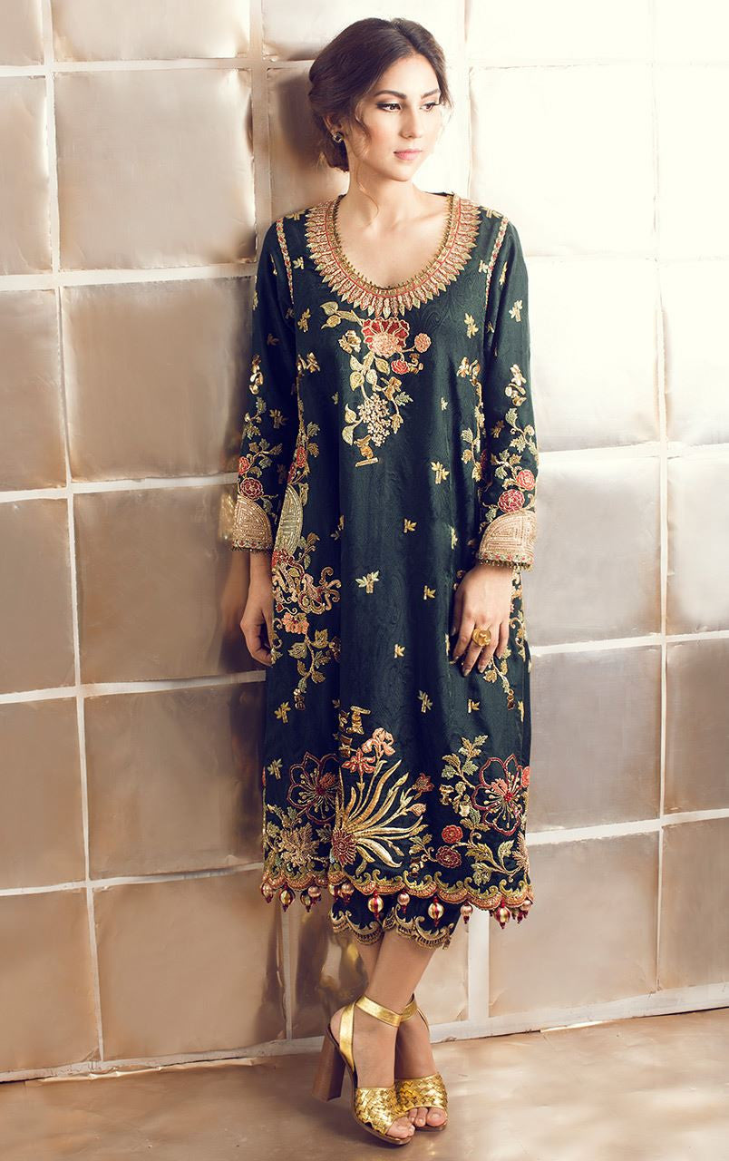 Flaunt Green Colored Casual Wear Embroidered Cotton Kurti  Pant Set