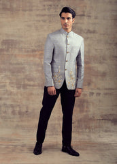Grey Color Banarasi Silk Jodhpuri Jacket
