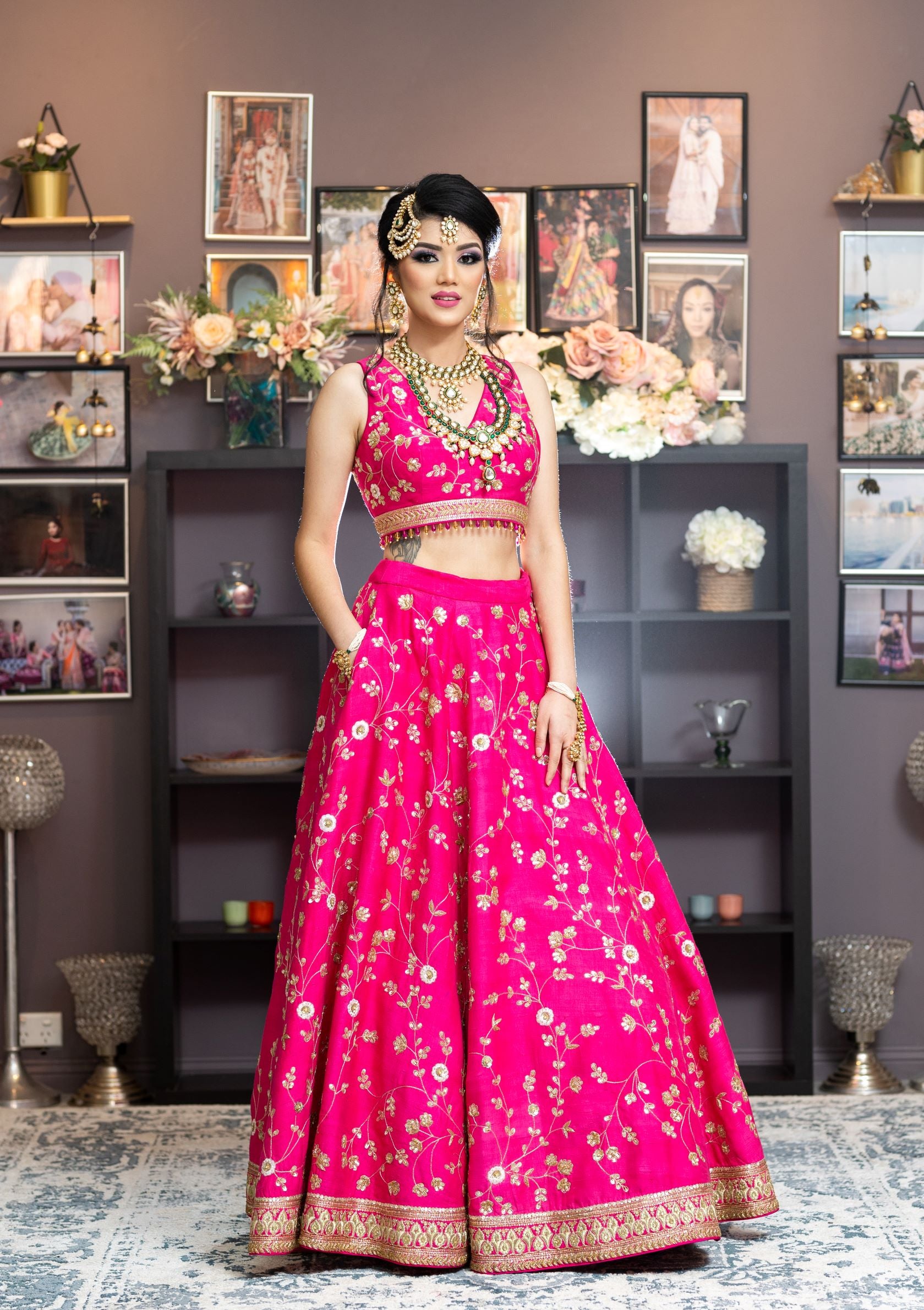 Pink Color Velvet Fabric Dori And Stone Work Bridal Lehenga Choli