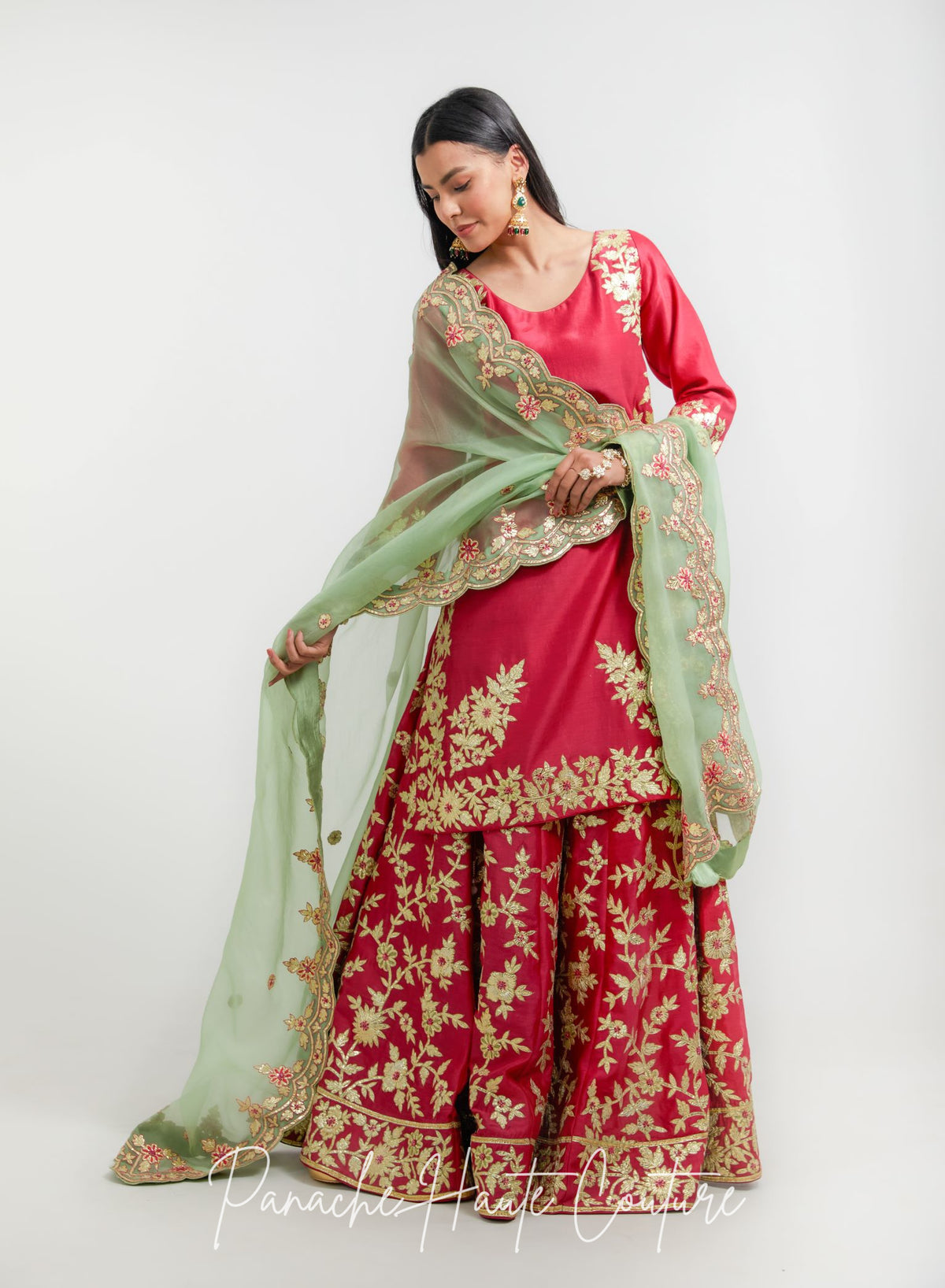 Hot Pink Chanderi Silk Sharara Set with Sage Green Silk Organza Dupatta – Razia