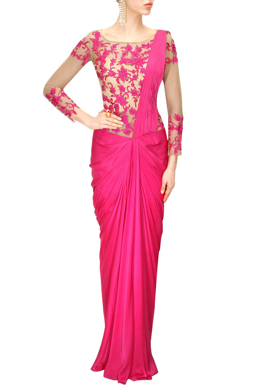Hot Pink Colour Saree Gown – Panache Haute Couture