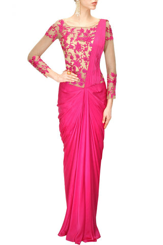 Hot pink colour saree gown at Panache Haute Couture1 large
