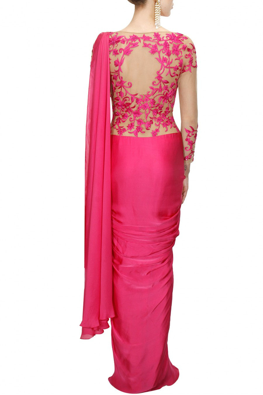 Hot Pink Colour Saree Gown – Panache Haute Couture