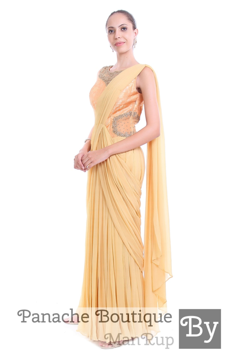 Buy Champagne Gold Ishik Saree Gown by Designer KAMAALI COUTURE Online at  Ogaan.com