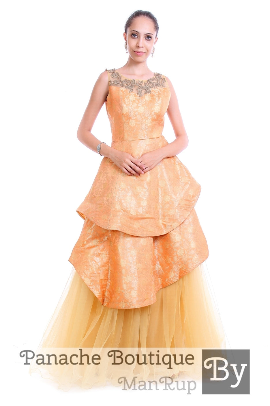 Peach floral embroidered stone satin ruffle frill layered gown