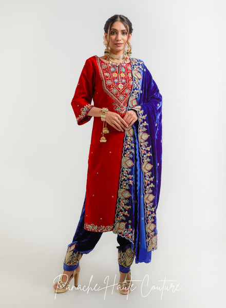 Indigo Color Shawl with Red Indigo Salwar Suit from VIBGYOR Collection