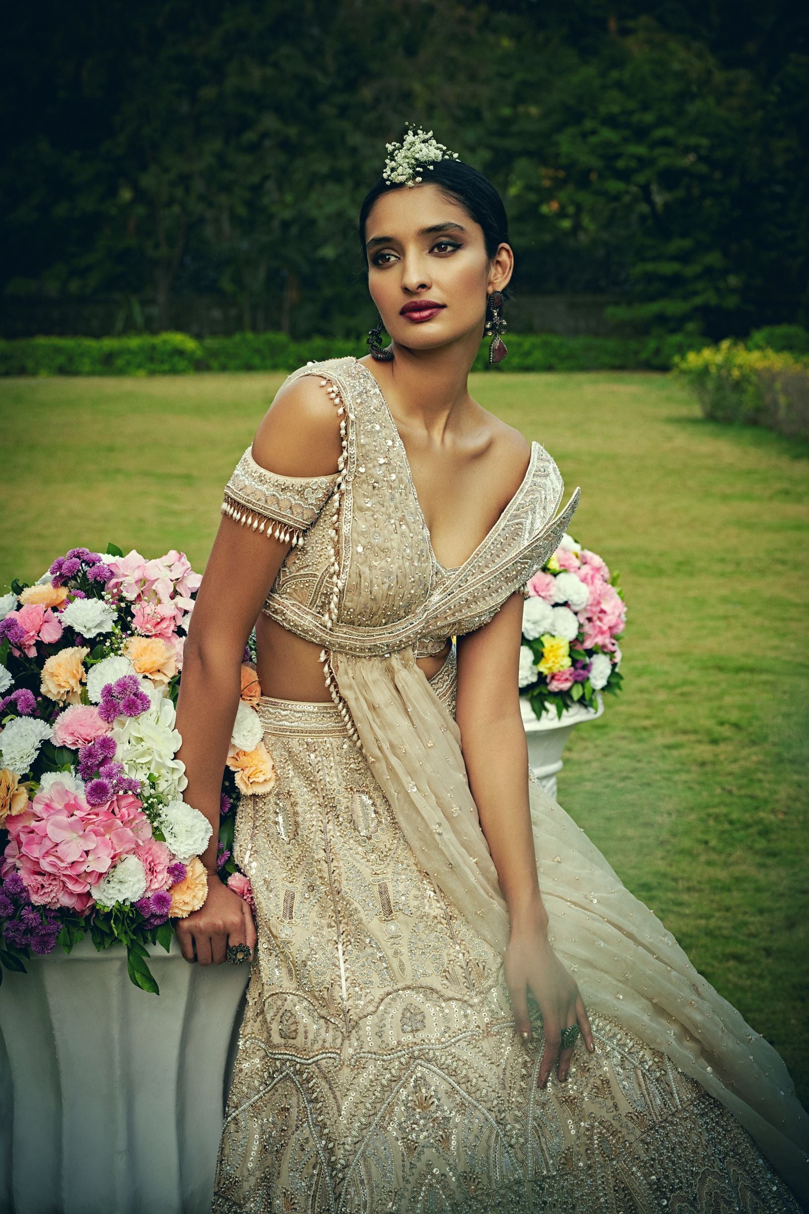 Ecru Carnation Skein Lehenga with Chantilly Lace, Pearl Bustier & Lace