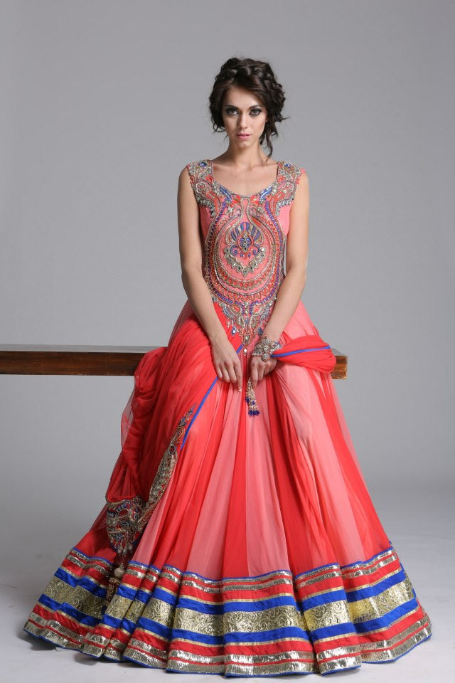 Peach Color Fancy Gown With Embroidery Work Jacket in Georgette in USA, UK,  Malaysia, South Africa, Dubai, Singapore