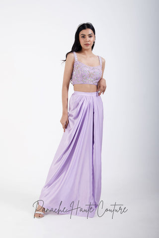 Lavender Color Dhoti with Hand-embroidered Crop Top