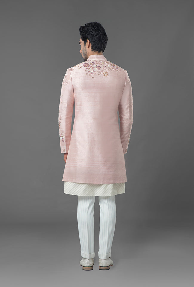 Light Pink Color Raw Silk Sherwani