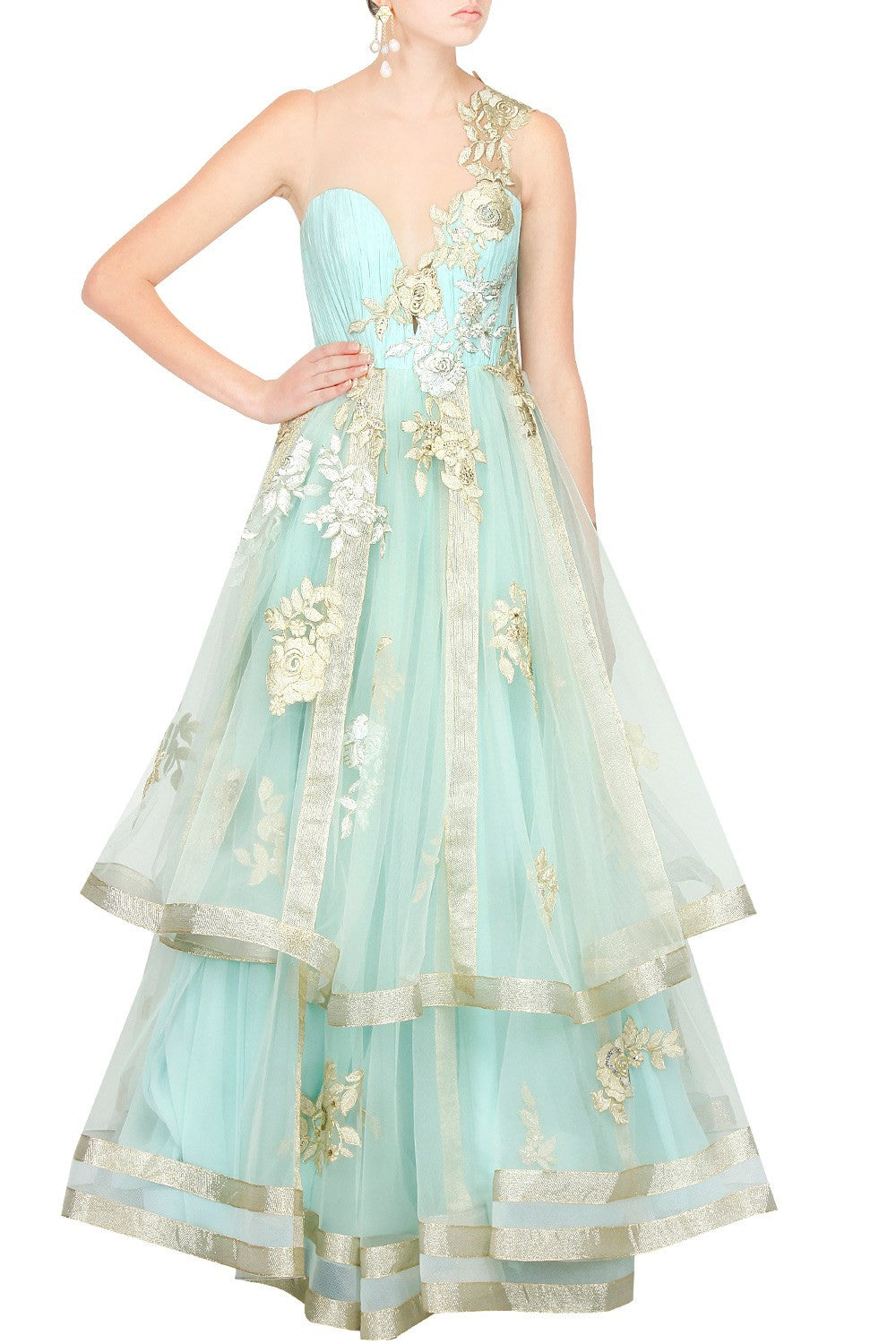 Light Blue color flared embroidered gown