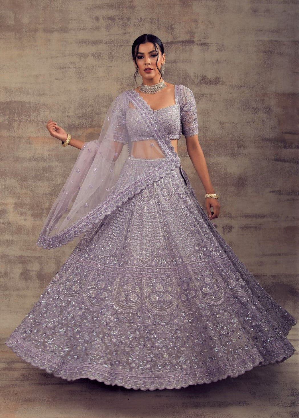 Lilac Net Lehenga – Friya with Resham and Hand Embroidery