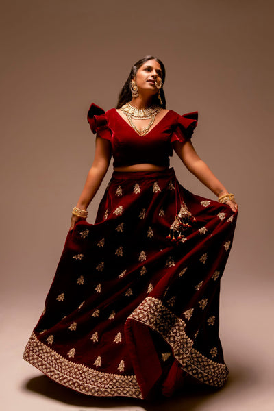 Maroon Color Velvet Wedding Lehenga Set