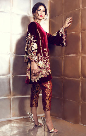 Maroon Velvet Suit with Pakistani Pant