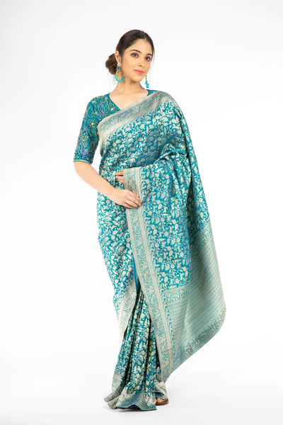 Marvelous Peacock Blue Handloom Banarasi Saree