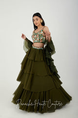 Mehendi Color Tiered Skirt with Crop Top