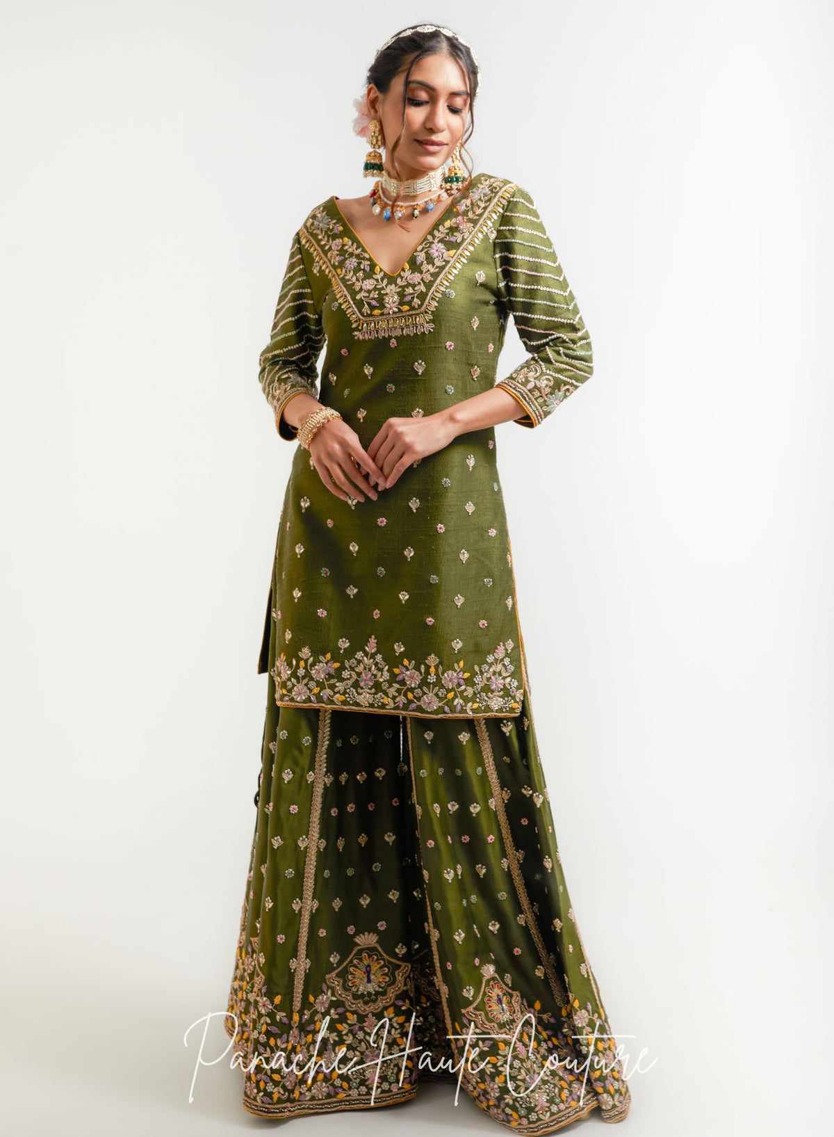 Mehendi Green Raw Silk Sharara Set with Silk Organza Dupatta – Shringarmati