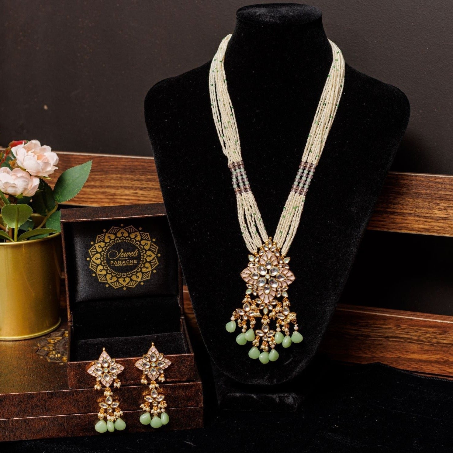 Mint Green and Pastel Pink  Ahmedabadi Paachi Kundan Long Necklace JIYA