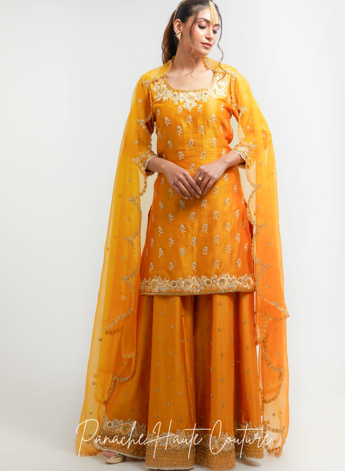 Mustard Yellow Chanderi Silk Sharara Set with Hand Embroidery – Kainaat