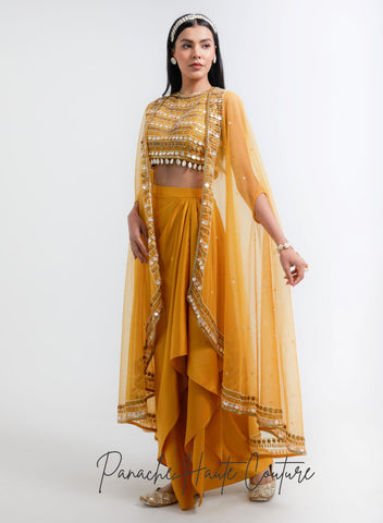 Yellow Golden Heavy Embroidered Indo Western Wedding Lehenga