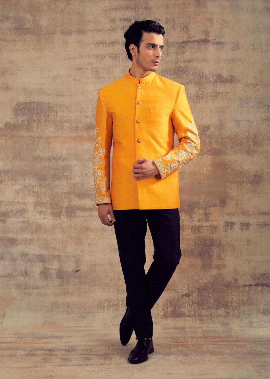 Mustard Yellow Jodhpuri Jacket With Embroidered Sleeves