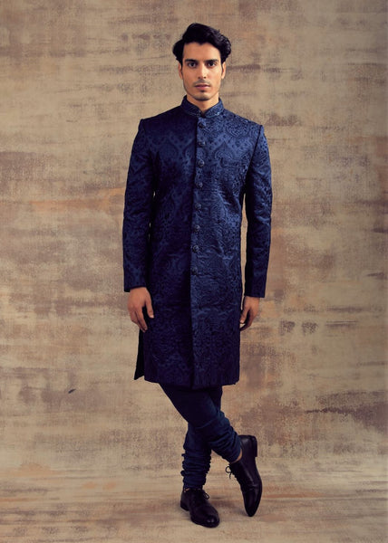Navy Blue Color Monotone Thread Work Sherwani