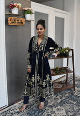 Navy Blue Velvet Salwar Kameez by Panache Haute Couture
