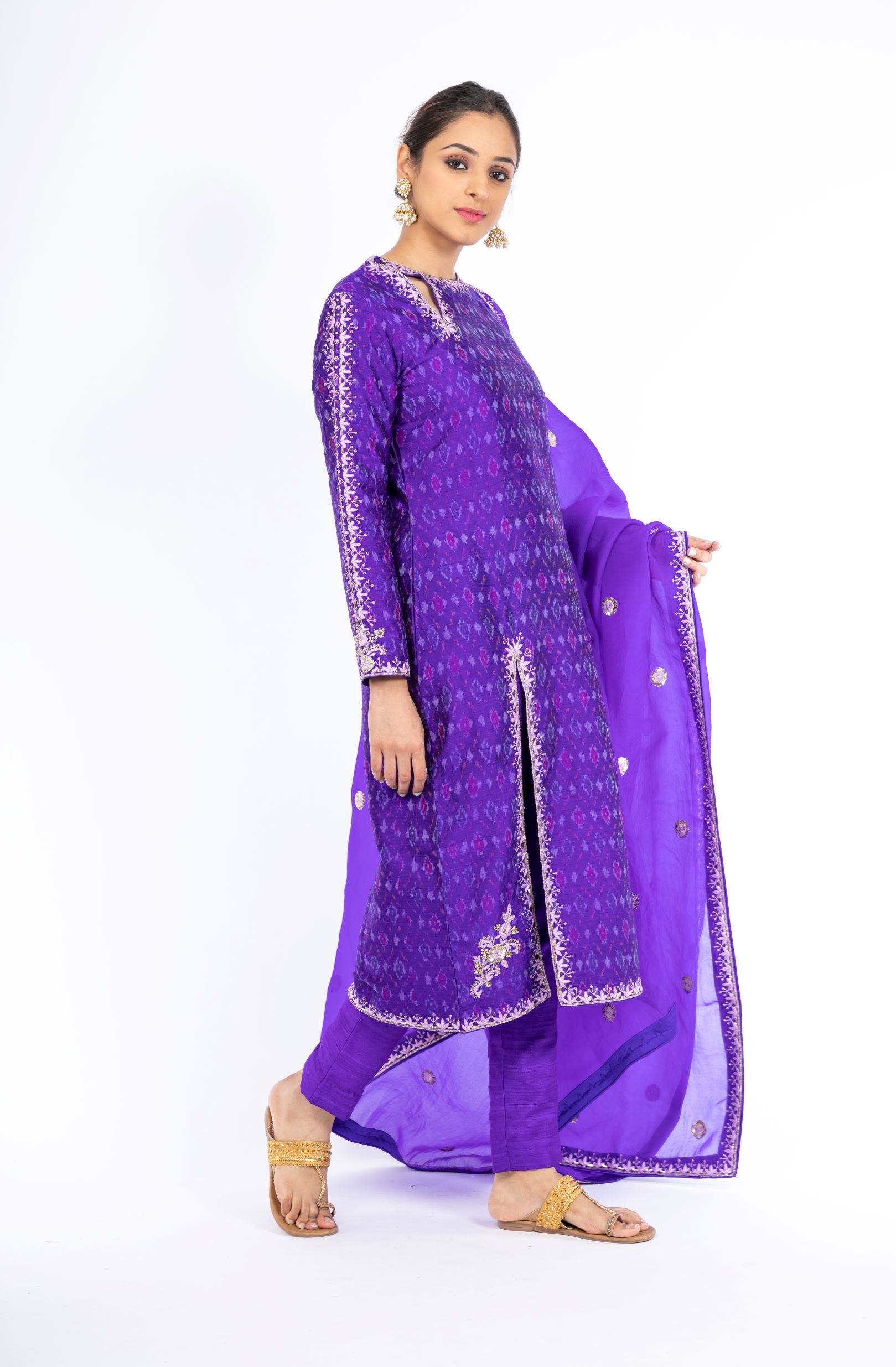 Opulent Pigment Violet Ikkat Raw Silk Handloom Salwar Kameez