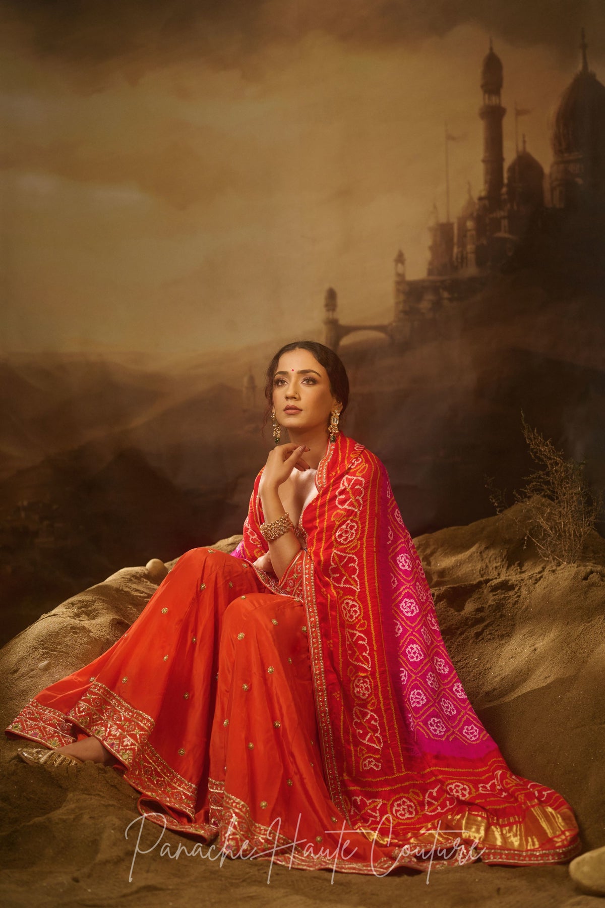 Elegant Crepe Gharara Set with Raw Silk Shirt & Bandhani Dupatta – Haiza