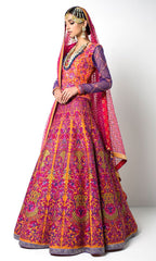 Orange Color Wedding Lehenga with Pink Colour Thread Embroidery