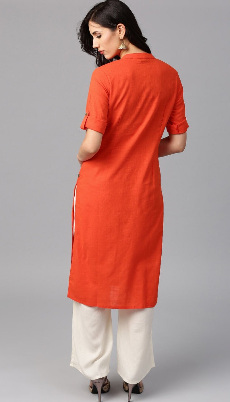 Devnaagri - Orange Block Print Embroidered Kurta Set
