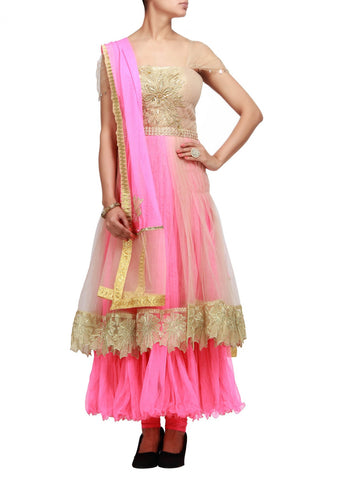 Gold and pink anarkali suit with pleats and zari embroidery