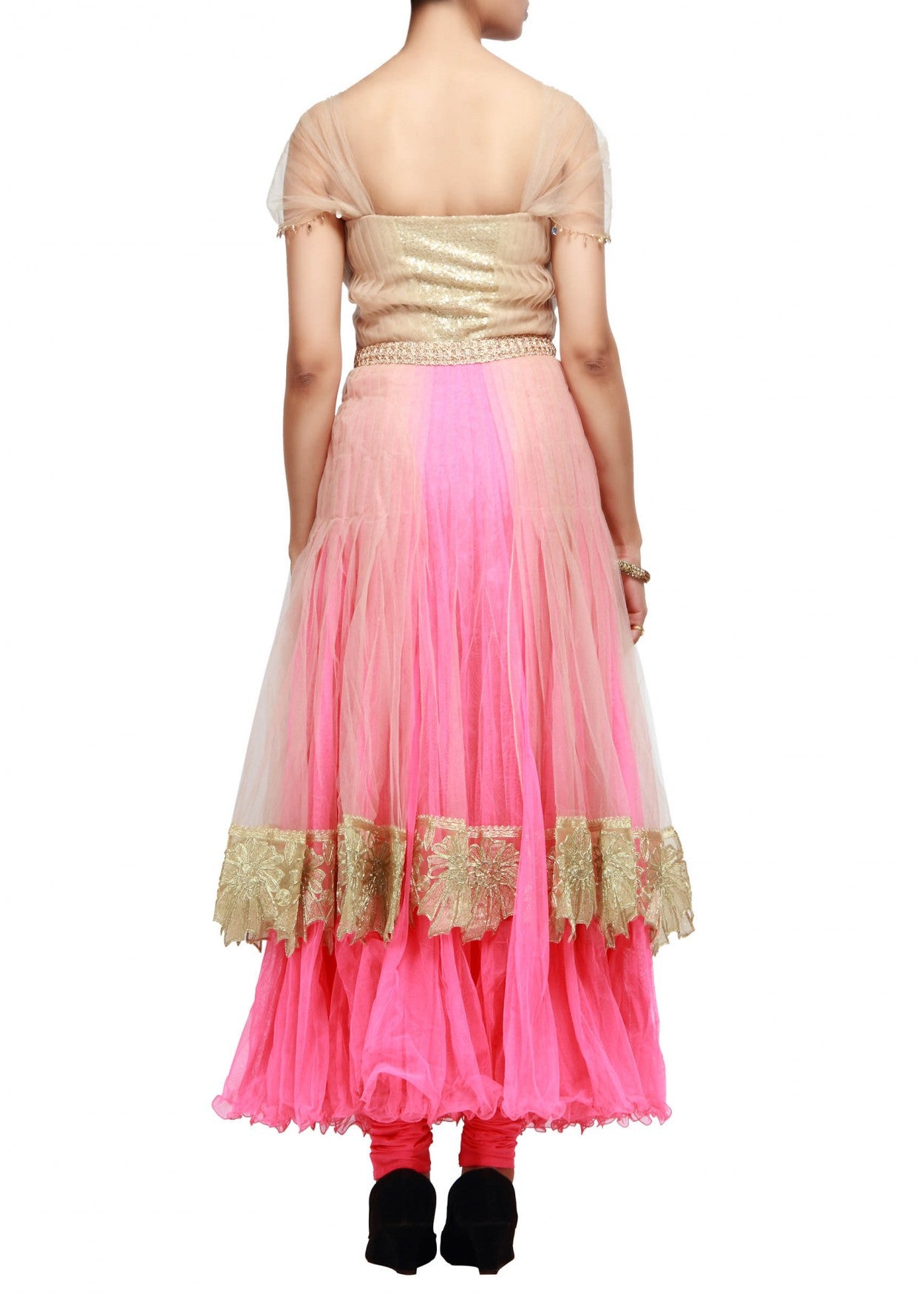 Gold and pink anarkali suit with pleats and zari embroidery